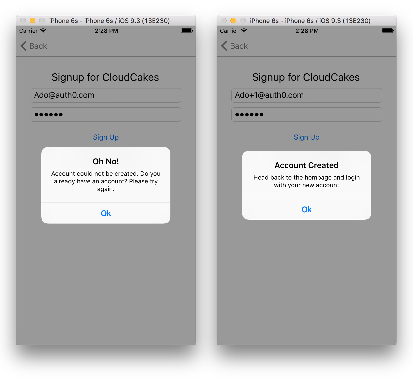 CloudCakes Signup Error and Success States