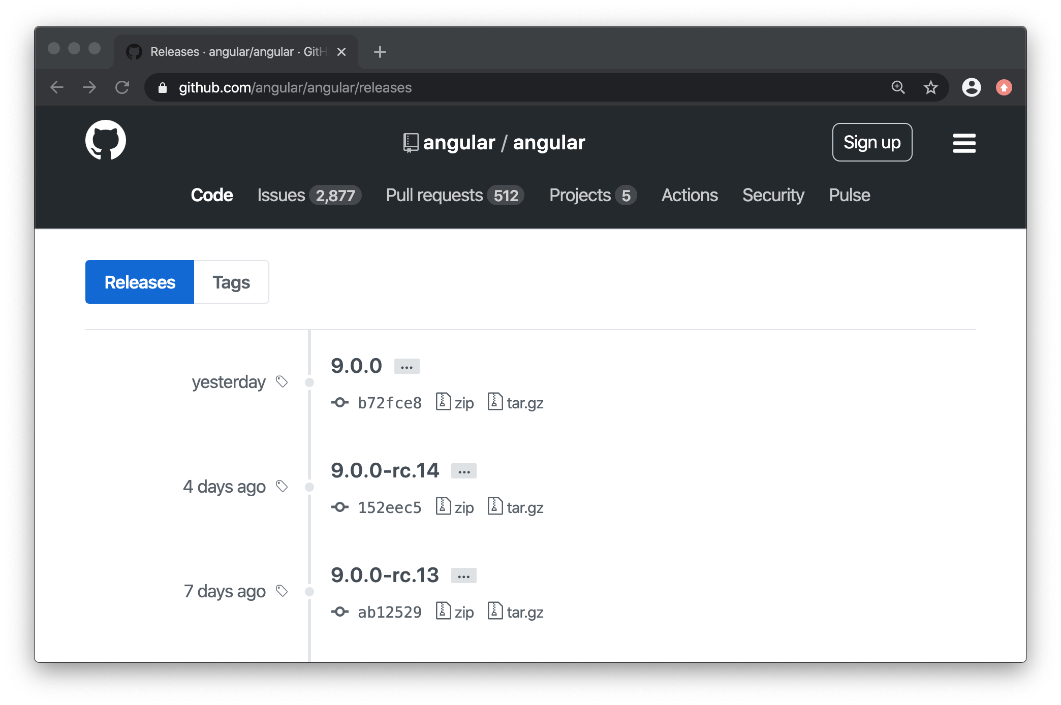 GitHub view of Angular v9