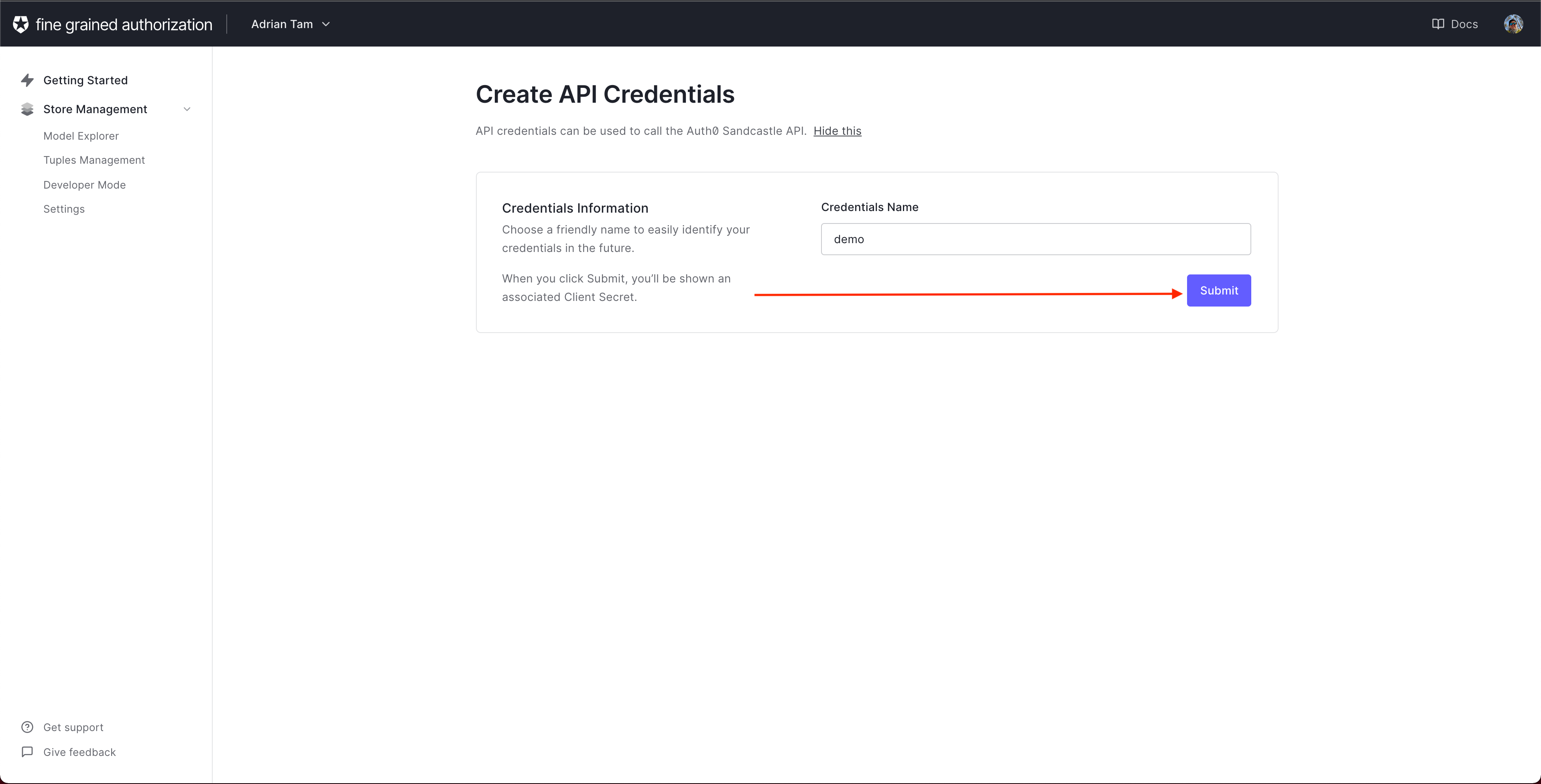Image showing Auth0 FGA credential name page