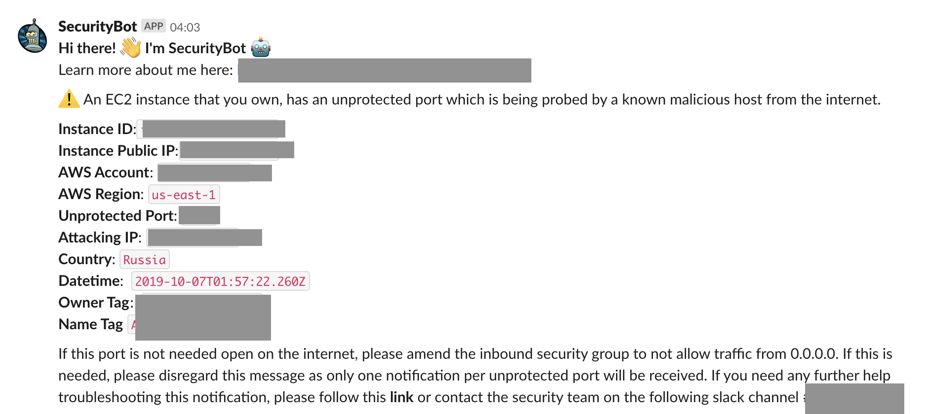 A message notification from SecurityBot