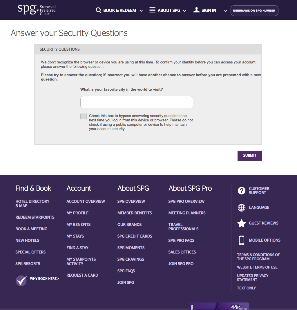 SPG asking annoying security questions
