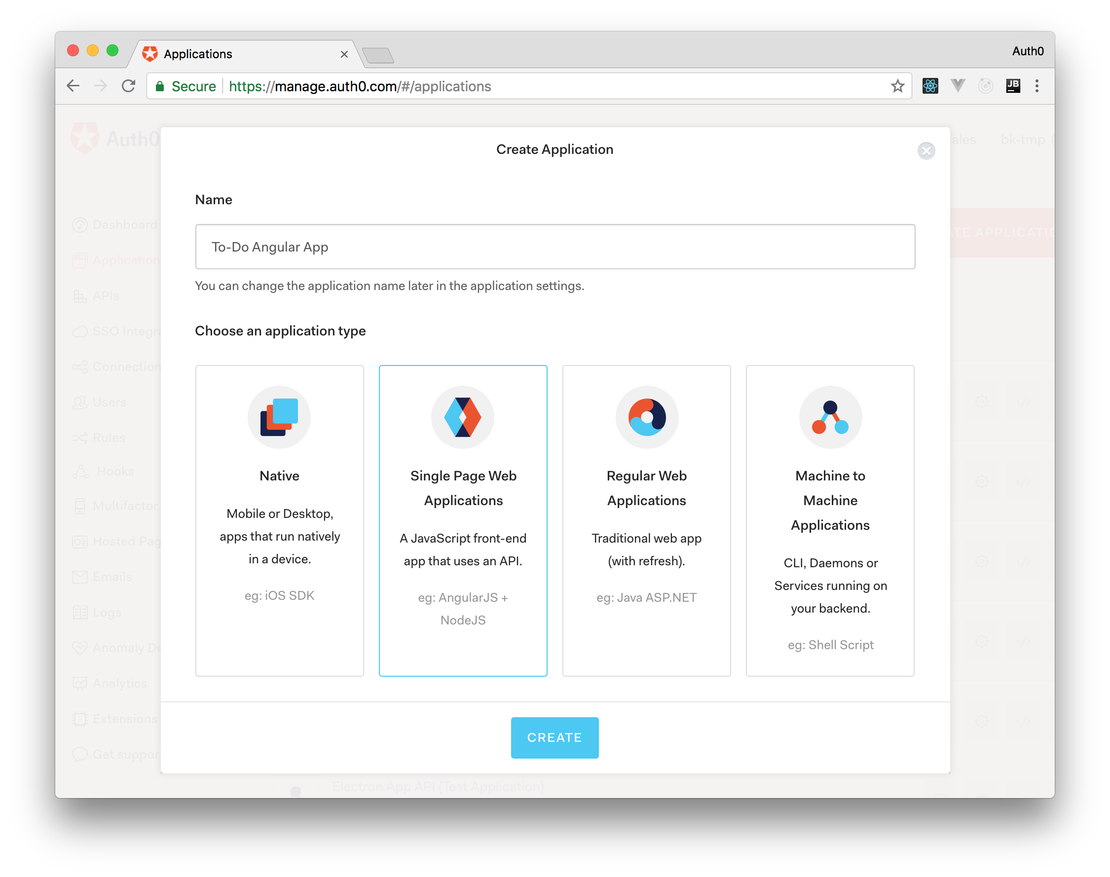 Creating an Auth0 application for an Angular app.