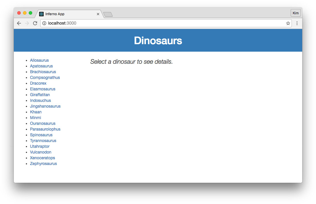 Inferno app displaying list of dinosaurs from API with no details