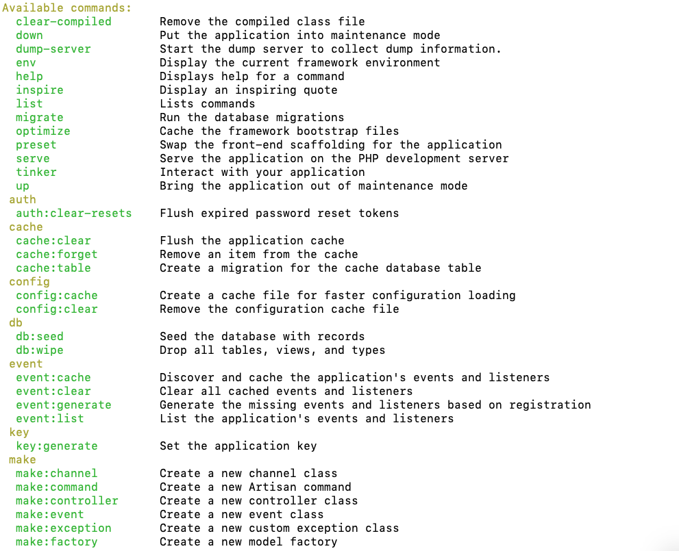 Available commands list from php artisan list command