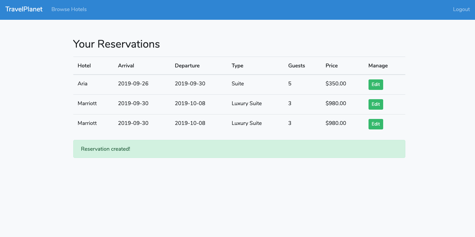 Laravel 6 success message demo app reservations screen