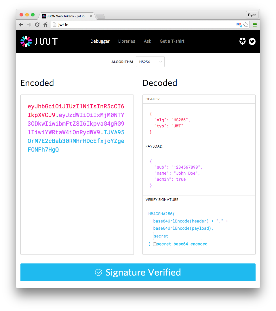 Screenshot from the JWT debugger with two parts—’Encoded’ and ‘Decoded’