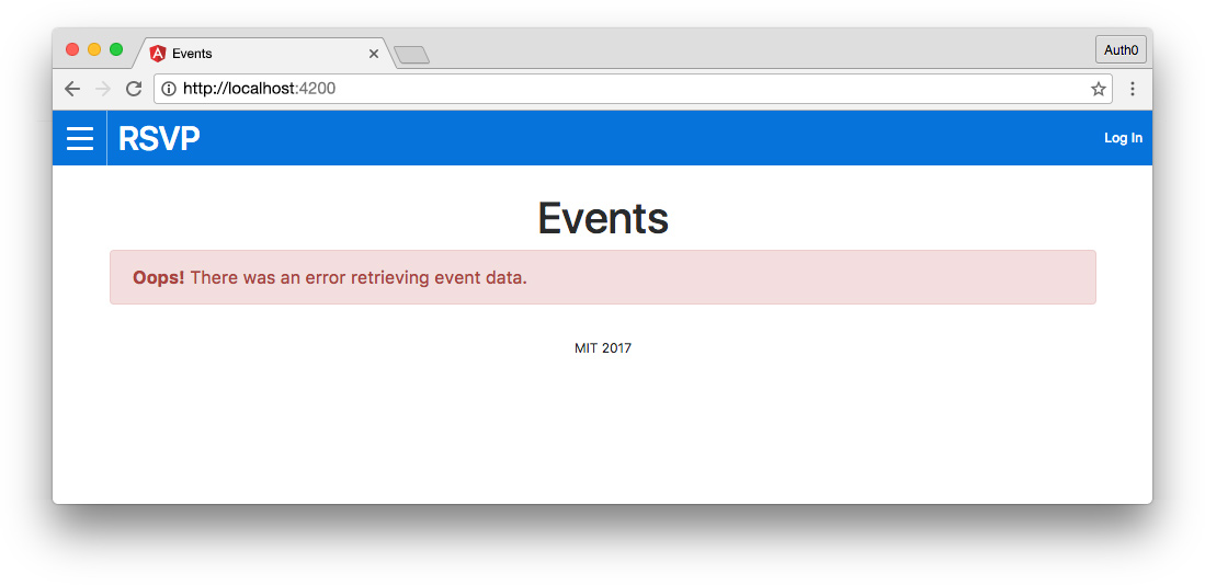 Angular RSVP homepage with events