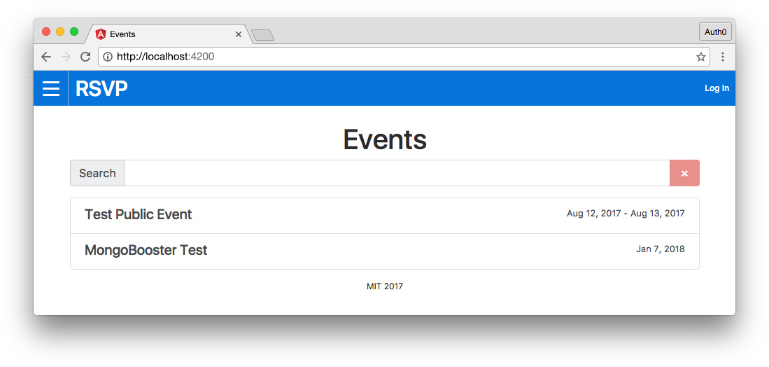 Angular RSVP homepage with events