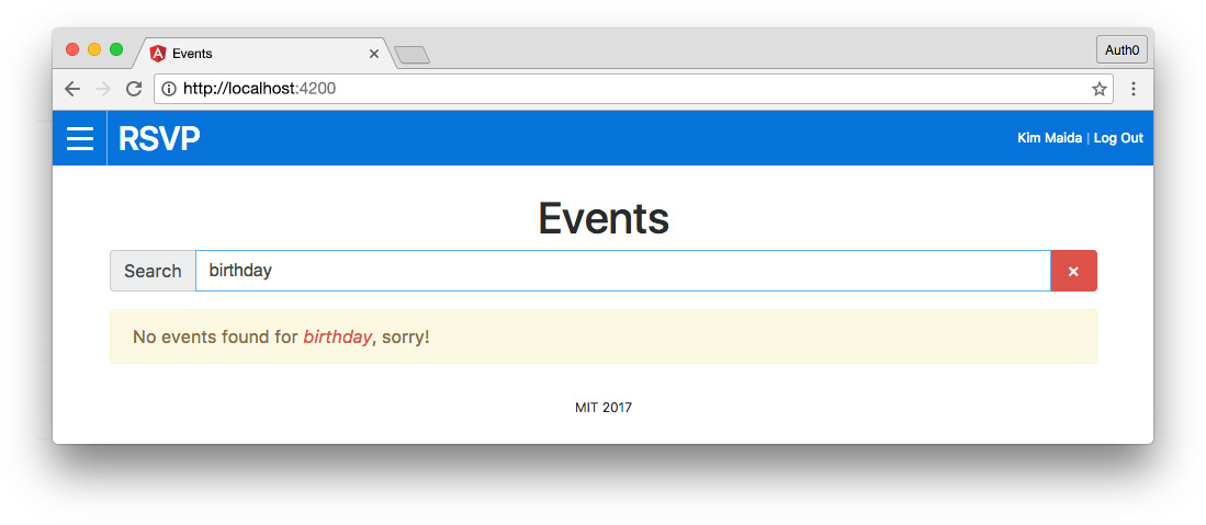 Angular RSVP homepage with no search results