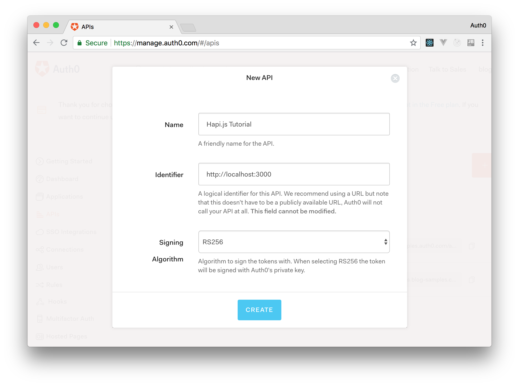 Creating a new Auth0 API for your Hapi.js backend.