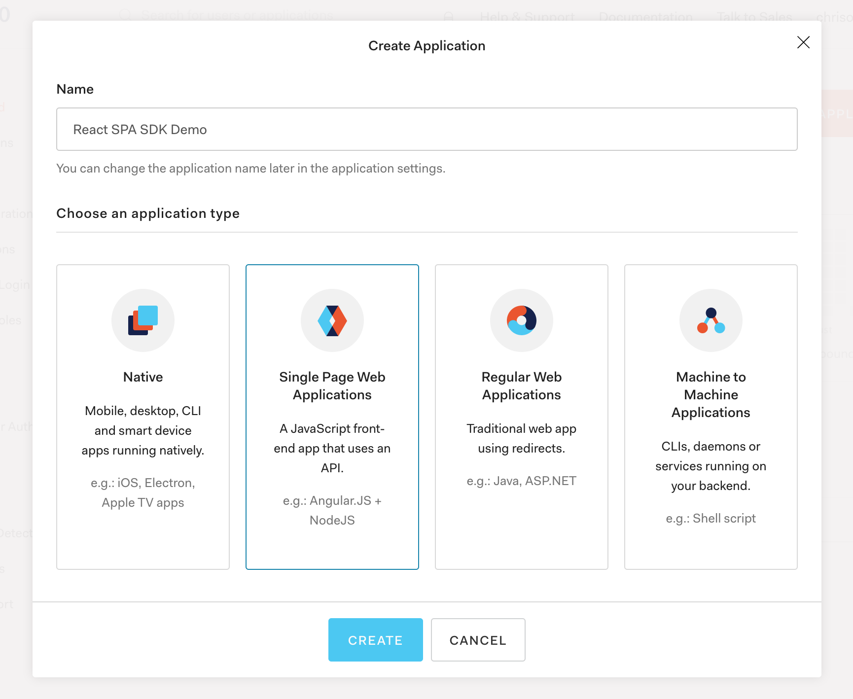Auth0 Create Application View