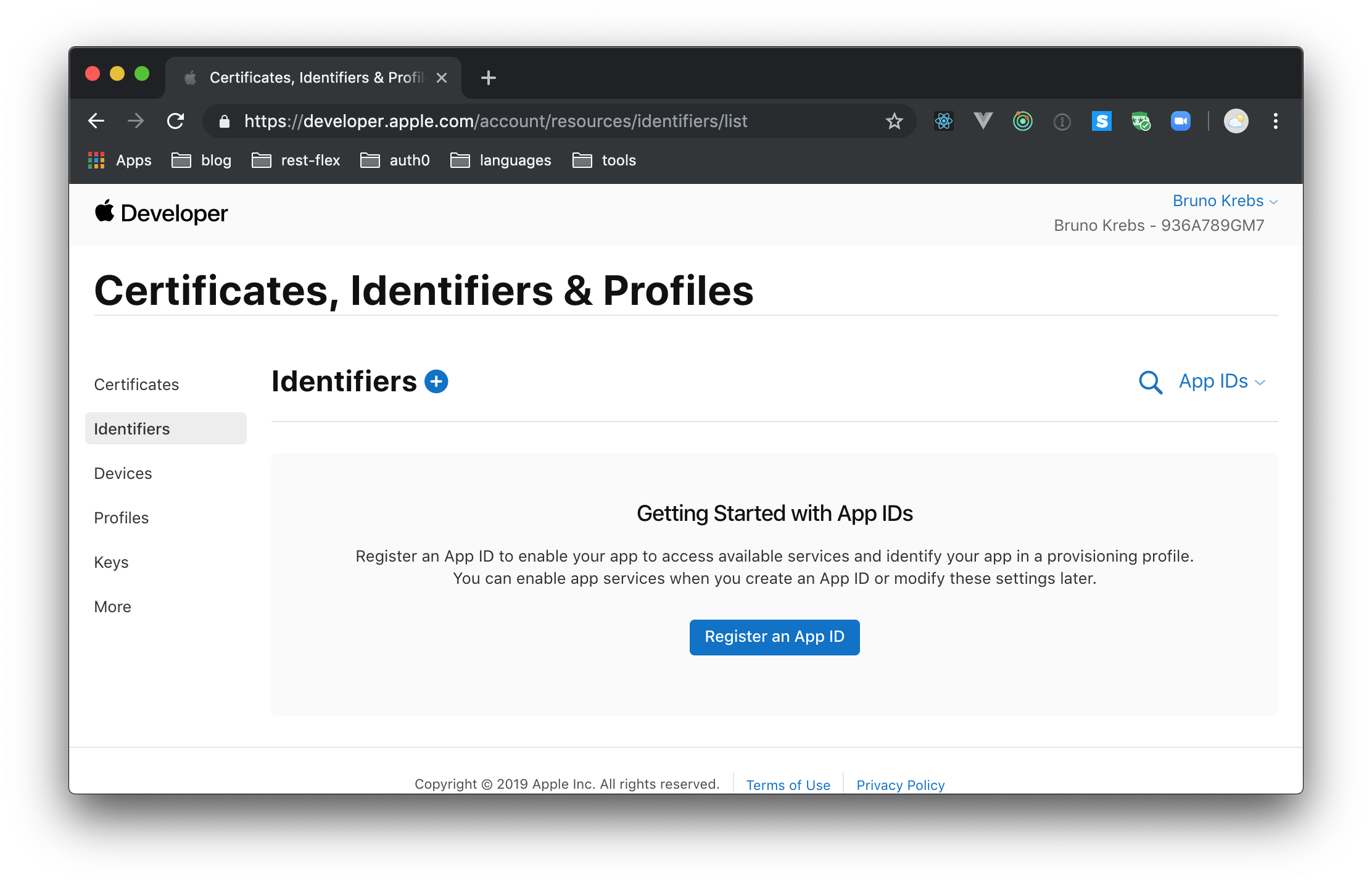 Apple Developer - Certificates, IDs, & Profiles page of Developer Account