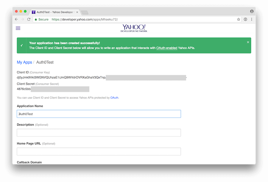Obtaining a Client Key and Client Secret for Yahoo!