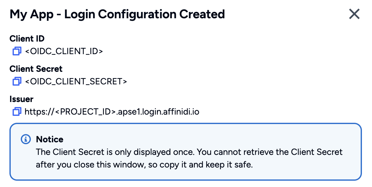 After confirming the details, another popup shows the Client ID and ...