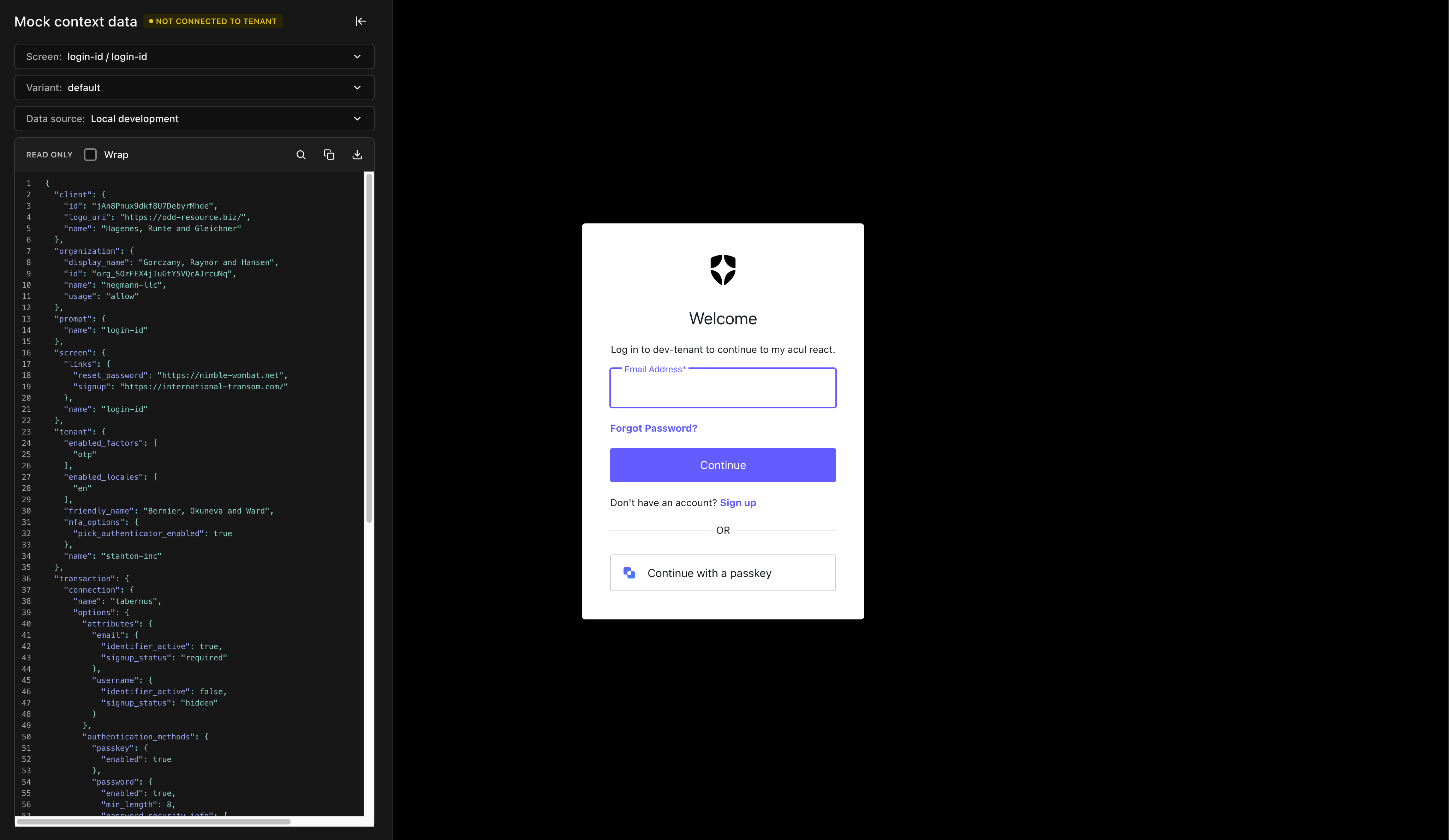 Login ID Screen with mock data