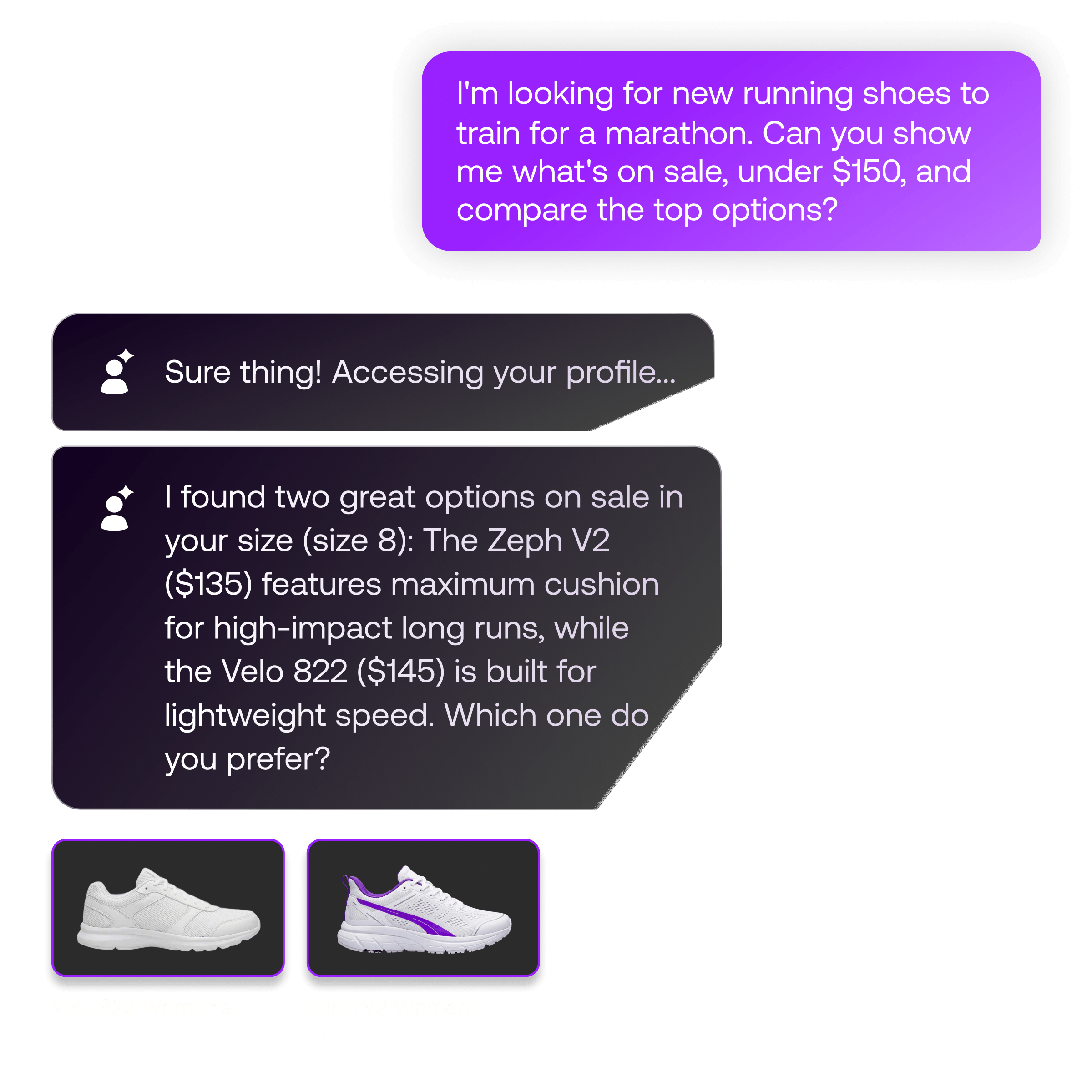 AI assistant comparing personalized running shoe options under budget