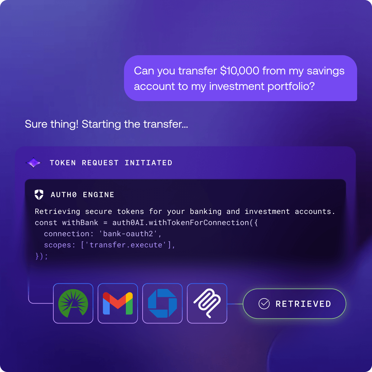 AI agent chat with token request step and “Show code” toggle and functionality