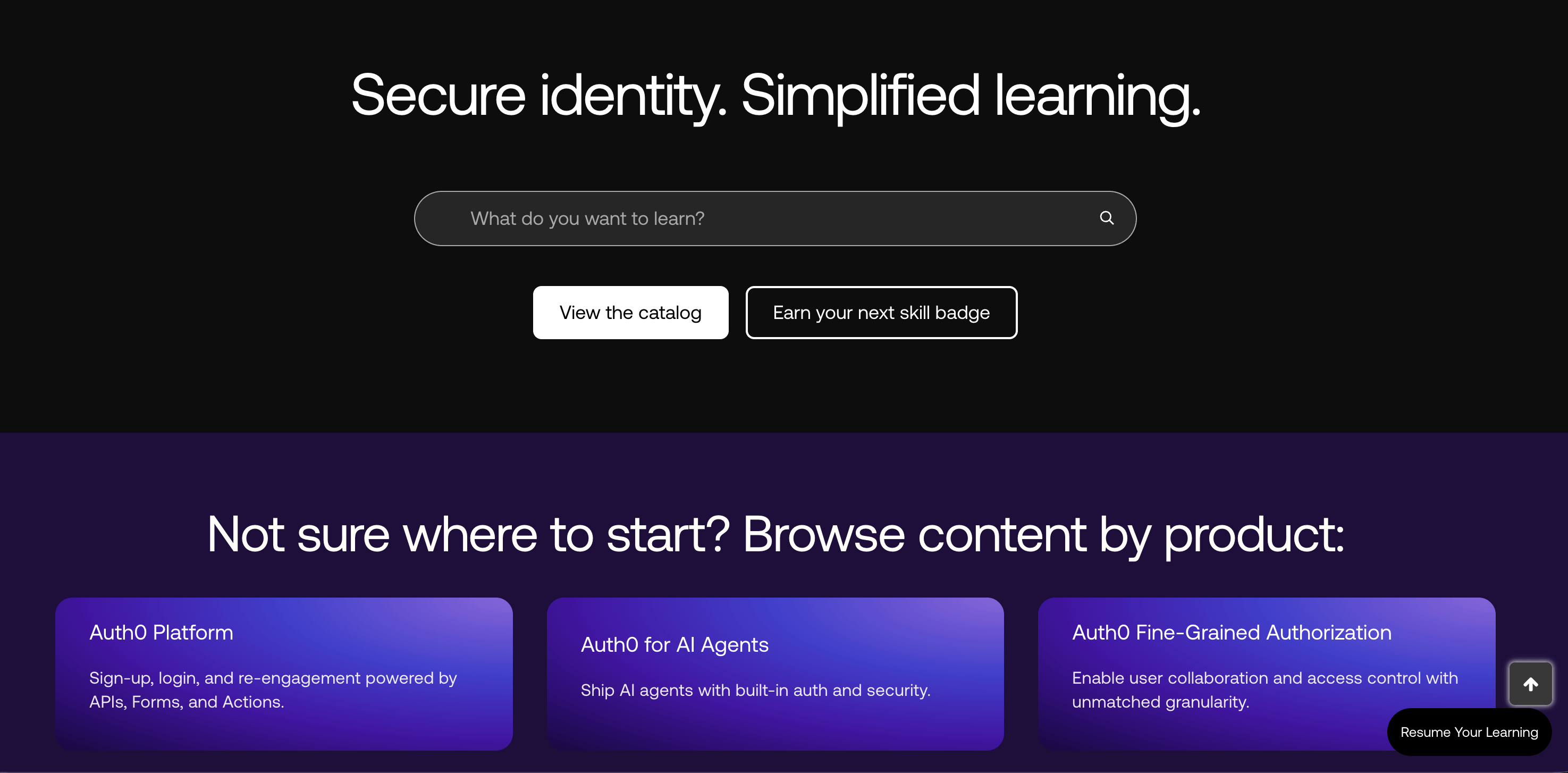 Screenshot of the Auth0 Learning landing page featuring centralized search and three tiles to start learning about each product area: Auth0 Platform, Auth0 for AI Agents, and Auth0 Fine-Grained Authorization.