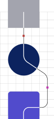 A gray circle, navy blue square, and indigo square connected by a thin line with red circular markers.