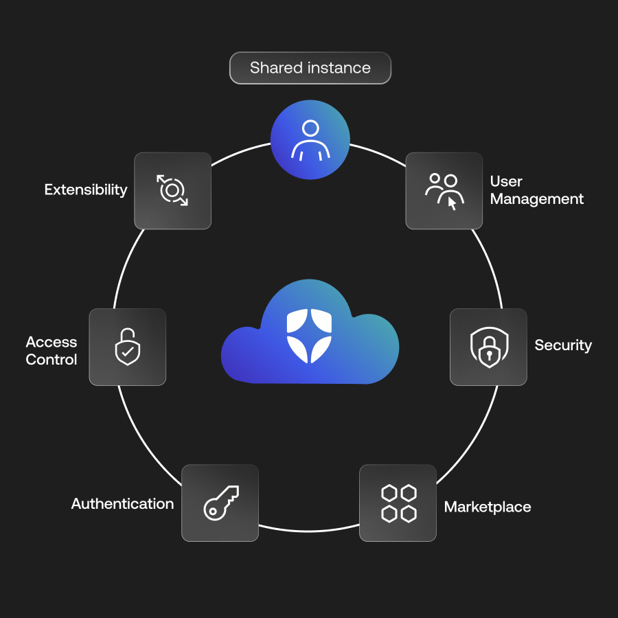 Diagram depicting a shared instance on public cloud deployment with many features of Auth0 including user management, extensibility, access control and more.