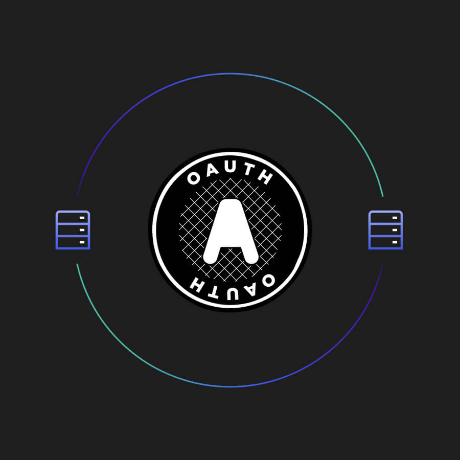 Diagram depicting OAuth2 logo in sync between icons representing servers or databases.