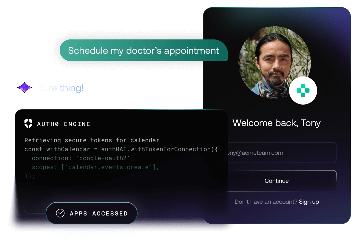 Login UI with patient and AI agent chat and a request to “Schedule my doctor’s appointment”